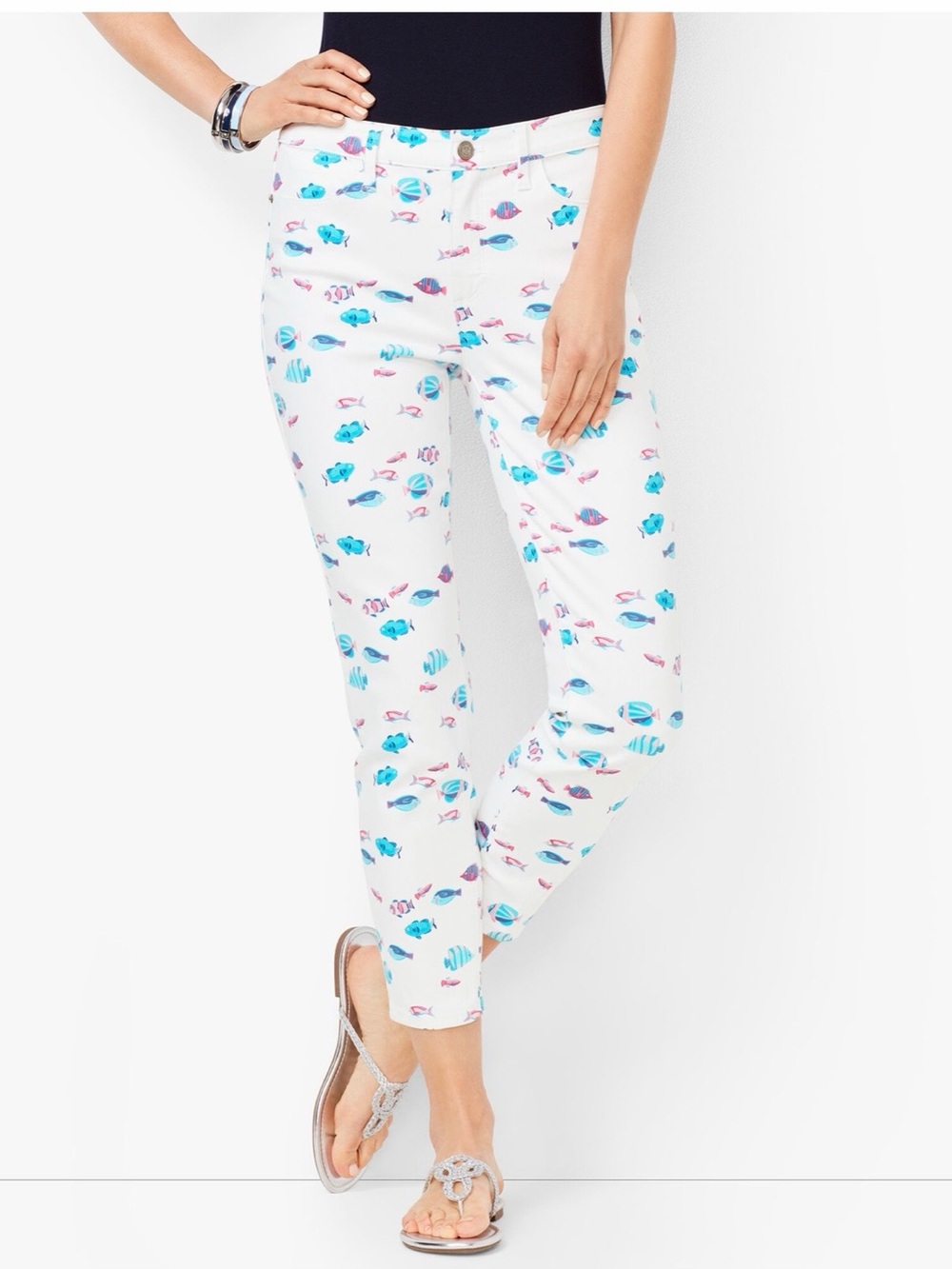 Talbots White Denim Jeggings Crops Pants Fish Print